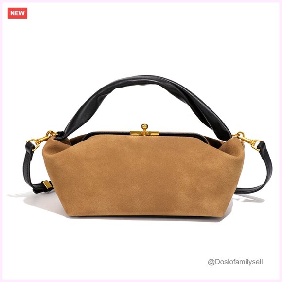 Vintage Suede Hobo Handbag Slouchy Satchel with Detachable Strap Kiss Lock